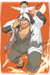 Rule 34 | 2boys, bara, blush, brown eyes, brown hair, carrying, charm (object), chest hair, child, closed eyes, collared shirt, cross scar, facial hair, full body, highres, holding, holding sword, holding weapon, hood, hood up, hooded jacket, houzouin oniwaka, jacket, japanese clothes, jewelry, large pectorals, long sideburns, male focus, mature male, multiple boys, muscular, muscular male, necklace, open mouth, orange background, outside border, pectorals, pmlial, scar, scar on face, scar on forehead, shirt, short hair, shoulder carry, sideburns, smile, stubble, sweatdrop, sword, thick eyebrows, tokyo houkago summoners, weapon