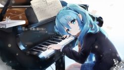 Rule 34 | 1girl, absurdres, aqua eyes, aqua hair, asahi kuroi, beamed eighth notes, beamed sixteenth notes, blue skirt, book, coat, crying, hair ornament, hatsune miku, highres, instrument, jacket, long hair, looking at viewer, md5 mismatch, moe (phrase), musical note, piano, quarter note, scarf, school uniform, sheet music, sitting, sixteenth rest, skirt, smile, solo, tears, twintails, vocaloid, wallpaper
