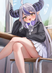 Rule 34 | 1girl, :d, ahoge, bare legs, black sailor collar, black shirt, blush, bow, bowtie, chair, commentary, crossed legs, demon horns, desk, fang, feet out of frame, grey skirt, headphones, headphones around neck, highres, hololive, horns, indoors, la+ darknesss, long hair, long sleeves, looking at viewer, multicolored hair, one eye closed, open mouth, plaid, plaid bow, plaid bowtie, pleated skirt, pointy ears, puffy long sleeves, puffy sleeves, purple hair, sailor collar, school chair, school desk, school uniform, shirt, silver hair, sitting, skin fang, skirt, smile, solo, streaked hair, taro. (tataroro 1), very long hair, virtual youtuber, yellow eyes