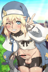 Rule 34 | 1boy, absurdres, bike shorts, blonde hair, blue eyes, blush, bridget (guilty gear), clothes pull, erection, fingerless gloves, gloves, grin, guilty gear, guilty gear strive, highres, looking at viewer, male focus, medium hair, one eye closed, penis, precum, shorts, shorts pull, smile, solo, testicles, trap, tsukemon