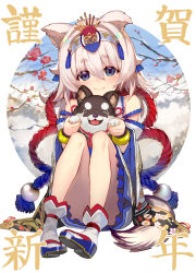 Rule 34 | akeome, animal, animal ears, blush, bracelet, cherry blossoms, chinese zodiac, closed mouth, commentary request, convenient leg, dog, dog ears, dog tail, happy new year, headband, highres, holding, holding animal, jewelry, knees up, legs, long sleeves, looking at viewer, new year, original, sandals, shirabi, short eyebrows, short hair, sitting, smile, socks, solo, tabi, tail, tassel, thick eyebrows, white socks, wide sleeves, year of the dog