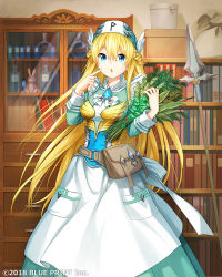 Rule 34 | 1girl, blonde hair, blue eyes, bookshelf, bottle, braid, chestnut mouth, company name, crown braid, dress, green dress, hand up, hat, herb bundle, indoors, long hair, looking at viewer, lost crusade, official art, pointing, pointing at self, polearm, pouch, sack, shimoe, skirt, solo, spear, standing, stuffed animal, stuffed rabbit, stuffed toy, very long hair, weapon, white skirt