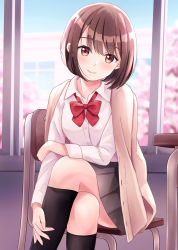 Rule 34 | 1girl, black socks, bow, breasts, brown eyes, brown hair, brown jacket, chair, closed mouth, collared shirt, commentary request, crossed legs, day, desk, dress shirt, grey skirt, highres, indoors, jacket, jacket on shoulders, kneehighs, looking at viewer, on chair, original, pleated skirt, red bow, school chair, school desk, school uniform, shirt, short hair, sitting, skirt, small breasts, smile, socks, solo, white shirt, yukimaru217