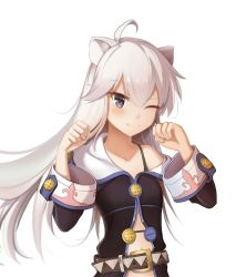 Rule 34 | 1girl, ;), ahoge, animal ears, belt, cat ears, highres, long hair, looking at viewer, off shoulder, one eye closed, paw pose, purple eyes, smile, solo, upper body, white background, white hair, xie wang, zero (zero kara hajimeru mahou no sho), zero kara hajimeru mahou no sho