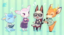 Rule 34 | 1girl, 3boys, :3, animal crossing, animal ears, animal hands, barefoot, beau (animal crossing), black-framed eyewear, black vest, blue hair, blue neckwear, blush, blush stickers, book, bottomless, cat ears, cat tail, chair, closed eyes, closed mouth, cookie, cup, deer ears, deer tail, diana (animal crossing), dress, drink, fangs, flat chest, food, formal, full body, furry, glasses, gradient background, green background, green sweater, grey sweater, hands up, happy, holding, horns, kishibe, legs together, long sleeves, multiple boys, musical note, necktie, nintendo, open book, open mouth, pawpads, pink hair, plate, platinum blonde hair, purple dress, purple eyes, raymond (animal crossing), saucer, sherb (animal crossing), shirt, short hair, simple background, sitting, smile, standing, striped, striped background, sweater, tail, tea, teacup, vest, white shirt