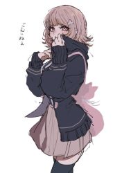 Rule 34 | 1girl, :o, animal bag, black jacket, black thighhighs, blush, breasts, cat bag, cowboy shot, danganronpa (series), danganronpa 2: goodbye despair, from side, hair ornament, hands up, hood, hooded jacket, jacket, large breasts, looking at viewer, miniskirt, nanami chiaki, open clothes, open jacket, pink bag, pleated skirt, ru-pe (gstm 0915), simple background, skirt, solo, thighhighs, translation request, white background