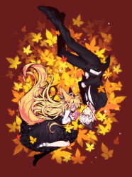 Rule 34 | 1boy, 1girl, animal ears, artist request, autumn leaves, black skirt, blonde hair, blue eyes, blush, book, castanic, dog ears, elin, closed eyes, face-to-face, formal, horns, jacket, leaf, long hair, long tail, lying, mary janes, necktie, on side, open book, pant suit, pants, reading, shirt, shoes, short hair, silver hair, skirt, sleeping, socks, suit, tail, tera online