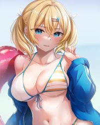 Rule 34 | 1girl, bare shoulders, bikini, blonde hair, blue eyes, blue jacket, blue ribbon, blush, breasts, cleavage, collarbone, day, front-tie bikini top, front-tie top, hair ornament, hairclip, halterneck, hayami yoichi, highres, innertube, jacket, large breasts, lifting own clothes, long sleeves, looking at viewer, multicolored bikini, multicolored clothes, navel, off shoulder, open clothes, open jacket, open mouth, original, outdoors, ribbon, short hair, short twintails, solo, star (symbol), star hair ornament, stomach, strap lift, string bikini, swim ring, swimsuit, twintails, v-shaped eyebrows, wet