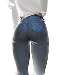 Rule 34 | 1girl, ass, blue pants, denim, from behind, high-waist pants, jeans, long sleeves, original, pants, quuni, shirt, simple background, sketch, solo, standing, white background, white shirt