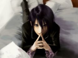 Rule 34 | 00s, 1boy, bed, black hair, cuffs, leon magnus, lying, male focus, pillow, purple eyes, realistic, solo, tales of (series), tales of destiny 2