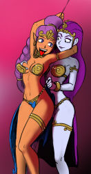 Rule 34 | 2girls, alternate costume, blue eyes, blush, grabbing another&#039;s breast, breasts, closed mouth, cosplay, couple, dancer shantae, dancer shantae (cosplay), dark-skinned female, dark skin, eye contact, female focus, grabbing, grabbing from behind, interracial, interspecies, long hair, looking at another, looking back, medium breasts, multiple girls, okamisaga, open mouth, pale skin, pointy ears, purple hair, revealing clothes, risky boots, shantae, shantae (series), smile, tongue, tongue out, wulfsaga, yuri