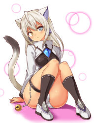Rule 34 | 1girl, animal ears, bell, black socks, blue eyes, cat ears, cat girl, cat tail, closed mouth, commentary, cougar (cougar1404), frown, grey hair, head tilt, heterochromia, jacket, jingle bell, light frown, long hair, long sleeves, looking at viewer, no pants, original, panties, shoes, silui (cougar1404), sitting, socks, solo, tail, tan, thigh strap, underwear, white footwear, white jacket, white panties, yellow eyes