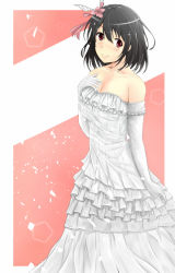 Rule 34 | 10s, 1girl, aga marino, alternate costume, bad id, bare shoulders, black hair, blush, breasts, cleavage, closed mouth, collarbone, dress, elbow gloves, female focus, flower, frilled dress, frills, gloves, hair between eyes, hair flower, hair ornament, hand on own chest, kantai collection, large breasts, long dress, looking at viewer, pink background, pink flower, red eyes, short hair, smile, solo, standing, strapless, strapless dress, wedding dress, white gloves, yamashiro (kancolle)