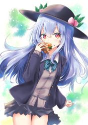 Rule 34 | 1girl, alternate costume, black hat, black jacket, black skirt, blazer, blue bow, blue bowtie, blue hair, bow, bowtie, burger, clenched hand, commentary request, covered mouth, cowboy shot, eating, fingernails, food, fruit, grey vest, hair between eyes, hat, head tilt, highres, hinanawi tenshi, holding, holding food, jacket, leaf, long hair, long sleeves, looking at viewer, miniskirt, peach, red eyes, renka (cloudsaikou), sidelocks, skirt, solo, standing, striped, striped bow, thighs, touhou, vest