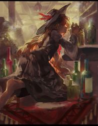 Rule 34 | 1girl, bad id, bad pixiv id, barefoot, black skirt, blonde hair, blurry, bottle, depth of field, dolls in pseudo paradise, closed eyes, feathers, from side, hat, hat feather, highres, indoors, jacket girl (dipp), letterboxed, long hair, long sleeves, nazoko, profile, red eyes, shelf, silhouette, skirt, skirt set, solo focus, tassel, touhou, wide sleeves