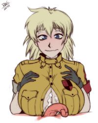 Rule 34 | 1girl, after paizuri, blonde hair, blue eyes, blush, breasts squeezed together, breasts, closed mouth, cum, cum on body, cum on breasts, cum on upper body, embarrassed, gloves, hellsing, highres, large breasts, looking at viewer, lying, medium hair, military, military uniform, penis, pov, randomboobguy, seras victoria, signature, simple background, solo focus, unbuttoned, uncensored, uniform, upper body, white background