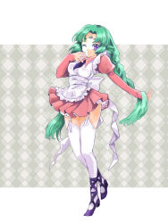 Rule 34 | 1990s (style), 1girl, apron, argyle, argyle background, argyle clothes, bad id, bad pixiv id, braid, canal vorfeed, dress, facial mark, forehead mark, full body, green hair, grey background, highres, long hair, lost universe, necktie, one eye closed, pink dress, pink skirt, puffy sleeves, purple eyes, retro artstyle, shoes, shuu (shu-nm), skirt, solo, thigh strap, thighhighs, twintails, very long hair, white thighhighs, wink