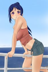 Rule 34 | 10s, 1girl, bad id, bad pixiv id, bare shoulders, blue hair, blush, breasts, derivative work, highres, large breasts, looking at viewer, love live!, love live! school idol festival, love live! sunshine!!, matsuura kanan, midriff, navel, ocean, parted lips, ponytail, purple eyes, railing, shirow (mha03133), short shorts, shorts, solo, straddling, unbuttoned