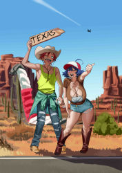 Rule 34 | 1boy, 1girl, absurdres, ahoge, aircraft, airplane, blue hair, blue shorts, boots, breasts, brown footwear, bush, cactus, cleavage, cleavage cutout, clothing cutout, day, desert, enta (nia), hand on leg, hat, highres, hitchhiking, holding, holding sign, huge breasts, medium hair, nia (nia4294), one eye closed, open mouth, original, outdoors, red hair, road, shadow, short hair, shorts, sign, smile, tank top, yellow tank top