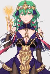 Rule 34 | 1girl, absurdres, bodysuit, braid, breasts, byleth (female) (fire emblem), byleth (fire emblem), chain, cleavage, cleavage cutout, clothing cutout, cosplay, crest, crown, family crest, fire emblem, fire emblem: three houses, fire emblem heroes, gold trim, green eyes, green hair, hair ribbon, hand up, highres, looking at viewer, medium breasts, nintendo, official alternate costume, peach11 01, red ribbon, ribbon, smile, solo, sothis (fire emblem), sothis (fire emblem) (cosplay), watermark, white ribbon