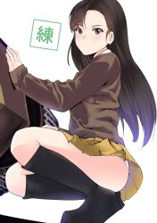 Rule 34 | 1girl, amasora taichi, asymmetrical bangs, backlighting, black footwear, boots, brown eyes, brown hair, brown jacket, chi-hatan military uniform, closed mouth, commentary request, from side, frown, girls und panzer, highres, jacket, knee boots, legs, long hair, long sleeves, looking at viewer, military, military uniform, military vehicle, miniskirt, motor vehicle, nishi kinuyo, panties, pantyshot, pleated skirt, simple background, skirt, solo, squatting, tank, translated, underwear, uniform, white background, white panties, yellow skirt