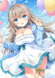 Rule 34 | 1girl, :d, ahoge, balloon, blue eyes, blue jacket, blush, breasts, brown hair, cleavage, commentary request, day, dress, dutch angle, flower, frilled dress, frills, hair flower, hair ornament, hands up, highres, jacket, large breasts, long hair, long sleeves, looking at viewer, open clothes, open jacket, open mouth, original, outdoors, satsuki yukimi, single thighhigh, sleeves past wrists, smile, solo, thighhighs, very long hair, white dress, white flower, white thighhighs