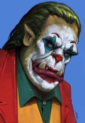 Rule 34 | batman (series), black shirt, close-up, closed mouth, clown, colored skin, facepaint, formal, green hair, green skin, joker (2019), red suit, shirt, solo, suit, warhammer 40k