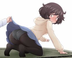 Rule 34 | 1girl, ^^^, akiyama yukari, arm support, ass, black pantyhose, blue skirt, blush, brown eyes, brown hair, casual, clothes lift, commentary, constricted pupils, crotch seam, frown, full-face blush, girls und panzer, hazuki haru, highres, hood, hood down, hoodie, kneeling, leaning forward, lifting another&#039;s clothes, long sleeves, looking at viewer, looking back, messy hair, miniskirt, no shoes, open mouth, panties, panties under pantyhose, pantyhose, pleated skirt, shirt, short hair, skirt, skirt lift, solo focus, tatami, underwear, white background, white shirt