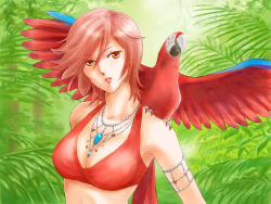 Rule 34 | 1girl, armpits, bikini, bikini top only, bird, breasts, brown eyes, cleavage, jewelry, large breasts, meiko (vocaloid), necklace, parrot, red hair, red theme, shigure2, short hair, solo, swimsuit, vocaloid