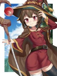 Rule 34 | 1girl, aiza-ku, bandaged leg, bandages, belt, black thighhighs, blush, breasts, brown hair, cape, collarbone, commentary request, dress, fingerless gloves, gloves, hat, highres, kono subarashii sekai ni shukufuku wo!, looking at viewer, megumin, red dress, red eyes, short hair, single thighhigh, small breasts, smile, solo, staff, thighhighs, witch hat