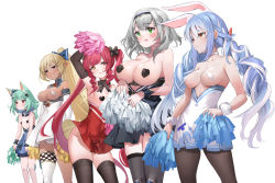 Rule 34 | 5girls, :p, adapted costume, animal ear fluff, animal ears, another eidos-r, arm under breasts, arm up, armpits, bare shoulders, black bow, black thighhighs, blonde hair, blue bow, blue hair, blue hairband, blunt bangs, blush, bow, braid, breastless clothes, breasts, brown pantyhose, brown thighhighs, carrot pasties, cat ears, checkered clothes, choker, closed mouth, collarbone, commentary, cowboy shot, cross pasties, dark-skinned female, dark skin, detached collar, detached sleeves, dress, drill hair, ear ribbon, elbow gloves, elf, embarrassed, extra ears, flat chest, furrowed brow, fuyouchu, gloves, green eyes, green hair, grey hair, hair bow, hair ornament, hairband, hand on own hip, heart pasties, heterochromia, high-waist skirt, high ponytail, highres, holding, holding pom poms, hololive, hololive fantasy, houshou marine, large breasts, long hair, looking away, low twintails, medium breasts, medium hair, multicolored hair, multiple girls, naughty face, open mouth, orange eyes, pantyhose, parted lips, pasties, pointy ears, pom pom (cheerleading), pom poms, ponytail, rabbit ears, red dress, red eyes, red hair, red skirt, seductive smile, shiranui flare, shiranui flare (old design), shirogane noel, simple background, single thighhigh, skirt, skull hair ornament, sleeve cuffs, smile, standing, sweatdrop, symbol-only commentary, thighhighs, tongue, tongue out, topless, twintails, two-tone hair, uruha rushia, usada pekora, very long hair, virtual youtuber, white background, white choker, white dress, white hair, white skirt, white thighhighs, wind, wind lift, wrist cuffs, yellow eyes