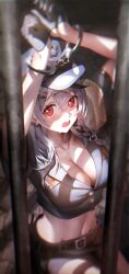 Rule 34 | 1girl, @ @, armband, belt, black hair, breasts, cleavage, cuffs, earrings, gloves, grey hair, hair ornament, hairclip, handcuffs, hat, highres, hololive, jewelry, kobayashi (jna x rgh), large breasts, looking at viewer, medium hair, midriff, multicolored hair, navel, open mouth, police, police hat, police uniform, policewoman, prison cell, red eyes, sakamata chloe, solo, streaked hair, uniform, virtual youtuber, x hair ornament