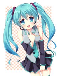 Rule 34 | 1girl, aqua eyes, aqua hair, bare shoulders, blush, breasts, cowboy shot, detached sleeves, hand on own chest, hatsune miku, headset, highres, long hair, looking at viewer, mashiro yuki, necktie, open mouth, skirt, smile, solo, thighhighs, twintails, vocaloid