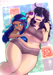 Rule 34 | 2girls, absurdres, alternate breast size, bare shoulders, bellaraika, belly, belly grab, black hair, blue eyes, blush, breasts, cleavage, creatures (company), curvy, dark-skinned female, dark skin, earrings, embarrassed, eyeliner, game freak, gloves, gym leader, hair bun, hair ornament, hairband, hex maniac (pokemon), highres, hoop earrings, jewelry, large breasts, long hair, looking to the side, makeup, multicolored hair, multiple girls, nail polish, navel, necklace, nessa (pokemon), nintendo, nintendo switch, open mouth, plump, pokemon, pokemon swsh, pokemon xy, purple eyes, sidelocks, single glove, single hair bun, sports bra, sweat, thick thighs, thighs, underboob, underwear, weight conscious, wide-eyed, wide hips