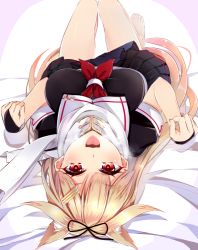 Rule 34 | 10s, 1girl, :3, :d, animal ears, bare legs, barefoot, bed sheet, black ribbon, blonde hair, breasts, breath, fingerless gloves, gloves, hair flaps, hair ornament, hair ribbon, hairclip, heart, heart-shaped pupils, kantai collection, kemonomimi mode, knees up, long hair, looking at viewer, lying, medium breasts, neckerchief, on back, open mouth, paw pose, pleated skirt, red eyes, red neckerchief, ribbon, scarf, school uniform, serafuku, short sleeves, skirt, smile, solo, star (symbol), suishin tenra, suitenjh, symbol-shaped pupils, tongue, tongue out, yuudachi (kancolle), yuudachi kai ni (kancolle)