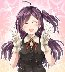 Rule 34 | 10s, 1girl, ahoge, breast pocket, breasts, closed eyes, collared shirt, double v, gloves, gradient background, hagikaze (kancolle), highres, kamelie, kantai collection, long hair, medium breasts, neck ribbon, one side up, open mouth, outline, pocket, purple hair, red ribbon, ribbon, school uniform, shirt, short sleeves, smile, solo, sparkle, upper body, v, w, white outline