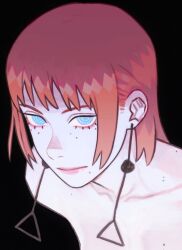 Rule 34 | 1girl, black background, blue eyes, brown hair, chainsaw man, dark background, earrings, fami (chainsaw man), highres, jbbetz, jewelry, looking at viewer, mole, mole under eye, mole under mouth, multiple moles, ringed eyes, short hair, simple background, solo, tassel, tassel earrings, topless
