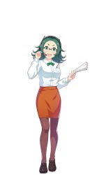 Rule 34 | 1girl, :d, akasaka misato, bow, bowtie, brown footwear, brown pantyhose, collared shirt, glasses, green bow, green bowtie, green eyes, green hair, headset, highres, holding, holding paper, loafers, long hair, long sleeves, looking at viewer, official art, open mouth, orange skirt, pantyhose, paper, pleated skirt, shirt, shoes, skirt, smile, solo, transparent background, umamusume, white shirt