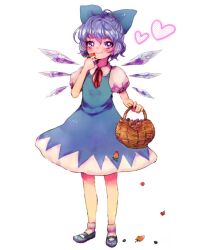 Rule 34 | 1girl, 299 (horisso), basket, blue bow, blue dress, blue footwear, blue hair, bow, cirno, collared shirt, detached wings, dress, eating, food, fruit, full body, hair between eyes, hair bow, heart, highres, holding, holding basket, ice, ice wings, looking at viewer, mary janes, neck ribbon, pinafore dress, puffy short sleeves, puffy sleeves, purple eyes, red ribbon, ribbon, shirt, shoes, short hair, short sleeves, simple background, sleeveless dress, socks, solo, standing, strawberry, touhou, white background, white shirt, white socks, wings