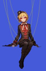 Rule 34 | 1boy, androgynous, black footwear, black pants, black shirt, blonde hair, blue background, boots, closed mouth, ensemble stars!, full body, hat, leemay, long sleeves, male focus, mini hat, mini top hat, multicolored shirt, nito nazuna, pants, puppet strings, red eyes, red shirt, shirt, short hair, sitting, solo, top hat