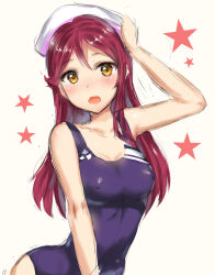 Rule 34 | 10s, 1girl, breasts, competition swimsuit, covered erect nipples, hat, kamishiro ryuu, long hair, love live!, love live! sunshine!!, medium breasts, one-piece swimsuit, red hair, sakurauchi riko, solo, swimsuit, yellow eyes