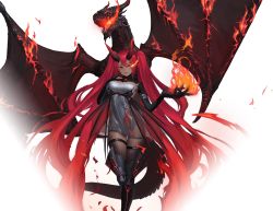 Rule 34 | 1girl, absurdly long hair, breath weapon, character request, claws, dark-skinned female, dark skin, dragon, dragon girl, dress, fang, fire, flaming eye, grey dress, hair between eyes, hand on own chest, long hair, looking at viewer, official art, out mark, red eyes, red hair, simple background, solo, standing, standing on one leg, thigh strap, transparent background, twintails, very long hair