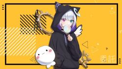 Rule 34 | 1girl, amemiya nazuna, angel, angel wings, animal ear headwear, black choker, black sweater, blue eyes, breasts, broken halo, candy, choker, commentary, detached wings, fake animal ears, food, halo, hand in pocket, heterochromia, holding, holding candy, holding food, holding lollipop, holding weapon, hood, key, lollipop, looking at viewer, pink eyes, short hair, small breasts, sweater, virtual youtuber, vshojo, water (pixiv 55477293), weapon, weapon on back, white hair, wings, yellow background