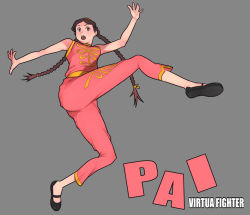 Rule 34 | 1girl, braid, character name, chinese clothes, chinese text, copyright name, g-room honten, grey background, no bangs, pai chan, sega, simple background, twin braids, virtua fighter