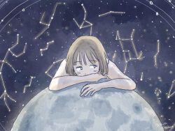 Rule 34 | 1girl, andromeda (constellation), annotated, big dipper, black eyes, blush, brown hair, camelopardalis (constellation), cassiopeia (constellation), cepheus (constellation), commentary request, constellation, highres, lacerta (constellation), leaning on object, leo minor (constellation), looking to the side, lynx (constellation), moon, nude, on mini planet, orbital path, original, orion (constellation), pegasus (constellation), perseus (constellation), short hair, sideways glance, signature, sky, solo, star (sky), star map, starry sky, ursa major (constellation), yamauchi hikari