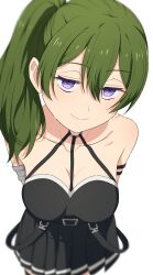Rule 34 | 1girl, absurdres, arm strap, armlet, bare shoulders, black dress, breasts, camui1104, cleavage, closed mouth, collarbone, dress, from above, green hair, hair between eyes, half-closed eyes, highres, large breasts, long hair, looking at viewer, o-ring, pleated dress, purple eyes, side ponytail, sidelocks, simple background, smile, solo, sousou no frieren, suspenders hanging, ubel (sousou no frieren), white background