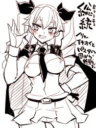 Rule 34 | 10s, 1girl, anchovy (girls und panzer), breasts, cape, commentary request, drill hair, girls und panzer, grin, hair ribbon, hand on own hip, large breasts, looking at viewer, miniskirt, monochrome, necktie, pants, pantyhose, ribbon, sako (bosscoffee), simple background, sketch, skirt, smile, solo, spot color, translation request, tsurime, twin drills, twintails, waving