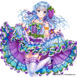 Rule 34 | 1girl, :o, armlet, bare shoulders, blue dress, blue eyes, blue hair, blush, bow, breasts, collarbone, company name, copyright name, dress, food, food-themed hair ornament, frilled dress, frills, fruit, garter straps, grape hair ornament, grapes, hair ornament, hair ribbon, jewelry, leg up, long hair, mary janes, matching hair/eyes, moyon, necklace, official art, ribbon, sangoku infinity, shoes, simple background, skirt hold, solo, thighhighs, white background, white thighhighs