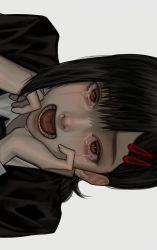 Rule 34 | 1girl, absurdres, black jacket, black necktie, brown eyes, chainsaw man, collared shirt, crying, crying with eyes open, formal, hair ornament, hairclip, hand on own face, higashiyama kobeni, highres, jacket, kangcono, looking at viewer, mole, mole under eye, mole under mouth, multiple moles, necktie, open mouth, sad, shirt, sideways, simple background, single sidelock, snot, solo, suit, tears, white background, white shirt