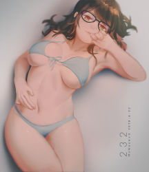 Rule 34 | 1girl, 2018, alternate hairstyle, artist name, bare shoulders, bikini, black-framed eyewear, blue bikini, breasts, breasts apart, brown eyes, brown hair, closed mouth, collarbone, dated, eyelashes, fingernails, front-tie bikini top, front-tie top, glasses, groin, hair down, halterneck, hand on own stomach, hand to own mouth, highres, legs together, lips, long fingernails, long hair, looking at viewer, lying, medium breasts, mei (overwatch), nail polish, navel, on back, overwatch, overwatch 1, pink nails, solo, stomach, swimsuit, wudi sao nian